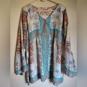 Johnny Was Blue and White Embellished Blouse